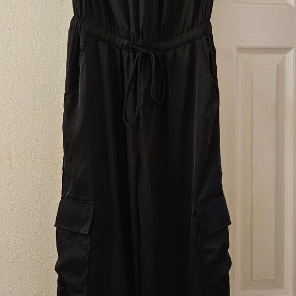 Vici Black Strapless boho wide leg pockets jumpsuit Romper Silky L - Picture 7 of 16